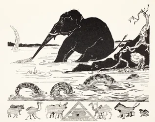 El hijo del elefante mientras el cocodrilo le estira la nariz, ilustración de «Precisamente así: historias para niños» de Rudyard Kipling, publicado en Londres, 1951